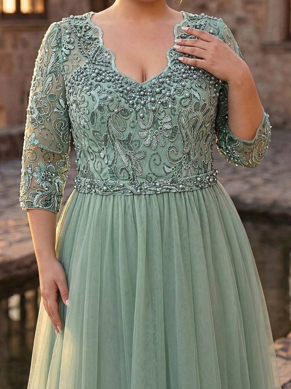 Green Women's Plus Size Elegant Sequin Mesh V-Neck 3/4 Sleeve A-Line Hem Dress